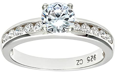 Elegano Sterling Silver Engagement Ring – Solitaire Set Cubic Zirconia with Accent Stones Women’s Ring (Size V)