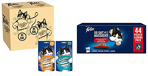 FELIX Knabber Mix Original & Strandspaß, Katzensnack mit verschiedenen Sorten, 2er Pack (2 x 8 Beutel à 60g) & So gut wie es aussieht Katzenfutter nass in Gelee, Sorten-Mix, 44er Pack (44 x 85g)