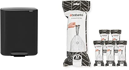 Brabantia Bo Pedal Bin - 1 x 60L Inner Bucket (Matt Black) Waste/Recycling Kitchen Bin + M Liners Multipack Box (120 rolls)