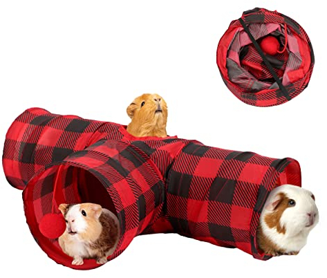 YUEPET Meerschweinchentunnel und Schlauch, zusammenklappbar, 3-Wege-Meerschweinchenversteck mit klassischem Weihnachtsstil, Kleintier-Tunnel für Meerschweinchen, Frettchen, Hamster, Chinchilla