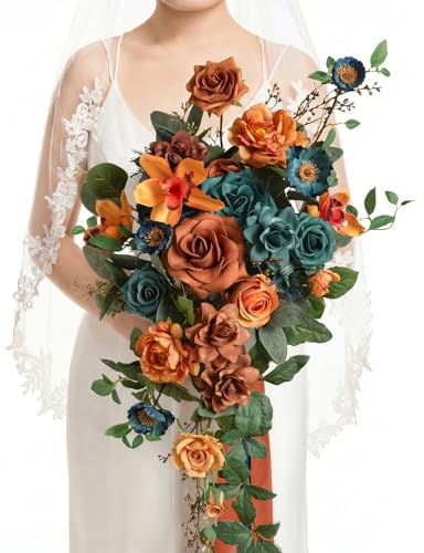 Ling's moment Teal Bridal Bouquet Cascading, Burnt Orange Wedding Bouquets for Bride, 13 Inch Terracotta Rust Fall Artificial Wedding Flower Bouquet