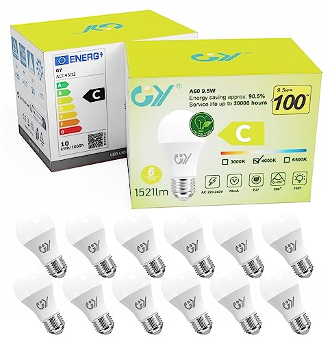 GY E27 LED Neutralweiss Lampe 9.5W 4000K 1521 Lumen Neutralweiß Leuchtmittel,A60 Energiesparlampe 100W lampe ersetzt,Nicht Dimmbar LED Birnen,12 stück [Energieeffizienzklasse C]