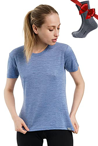 Merino.tech Merino Wool T Shirt Women - 100% Merino Wool Base Layer Womens Short Sleeve Tee + Hiking Sockss (X-Large, Deep Blue Crewneck)