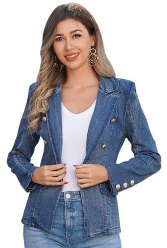 IDOPIP Jeans Blazer for Women Long Sleeve Button Down Denim Jacket Casual Work Office Jeans Blazer Suit Double Breasted Lapel Collar Open Front Cardigan Blazer Coat Outwear Dark Blue M