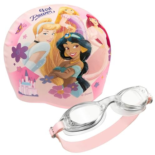 Disney Badekappe & Schwimmbrille Kinder Set, UV-Schutz, Anti-Beschlag - Stitch Sachen für Kinder (Rosa Prinzessin, 3-6 Jahre)