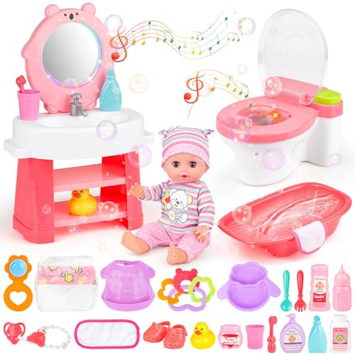deAO Baby Puppe Zubehörset mit 12” Puppe, Babypuppe Nurse Spielset Puppen-Badewanne, Puppenspielzeug zum Füttern und Mode für Kleinkinder, Mädchen, Jungen und Vorschulkinder | 24-teiliges Set