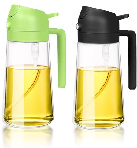Nepfaivy Oil Spray Bottle for Cooking - 2 in 1 Oil Dispenser and Oil Sprayer, 470ml Leakproof Glass Olive Oil-Dispenser Bottle with Pourer, Ideal for Kitchen, Air Fryer, Grilling (2 Pack)