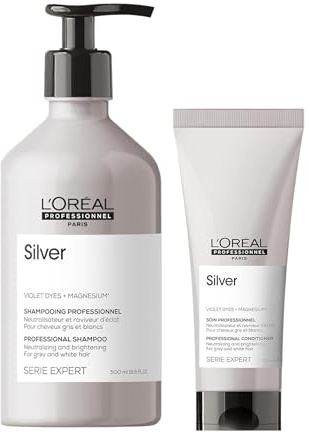 L'Oréal Professionnel Pflegeduo für weißes, graues & blondiertes Haar, Violett Pigmente, Anti-Gelbstich, Serie Expert, Silver Shampoo & Conditioner