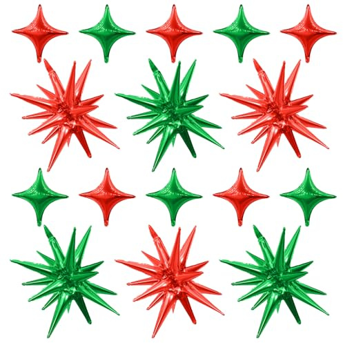 Adorely Red Green Star Balloons,Explosion Star Balloons Kit with 6Pcs 22Inch Cone Star Foil Balloons and 10Pcs 10Inch Four Pointed Star Balloons for Christmas Birthday Anniversary Party Decorations