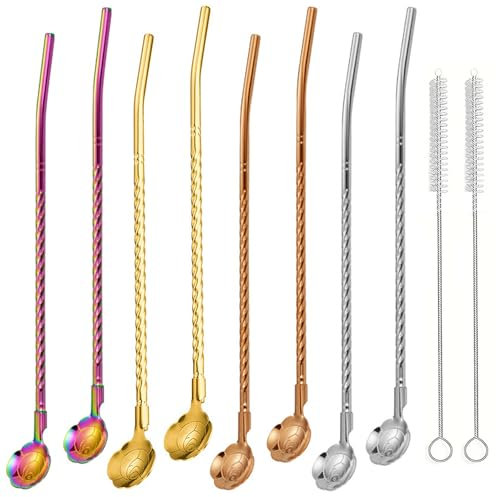 8 Stück Edelstahl Trinkhalm Trinkhalmlöffel，2 in 1 Strohhalm & Löffel，Wiederverwendbare Löffelhalme Metalllöffel mit 2 Stück Strohhalm Reinigungsbürste für Smoothies, Milchshakes, Cocktail, Kaffee