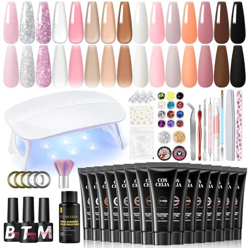 COSCELIA Gel Extensión de Uñas Kit Completo 93PCS,15 Colores 16ml Poly Uñas Gel con Lampara Uñas Semipermanentes Base Top Coat y Herramientas de Manicura,Kit Uñas de Gel Manicura para Principiantes