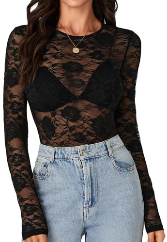 LYANER Women's Sexy Mesh Top Floral Long Sleeve See Through Shirt Lace Sheer Blouses Black X-Small