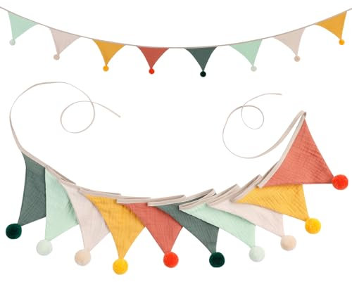 Romon Wimpelkette Kinderzimmer, Wimpelkette Stoff Girlande Kinderzimmer Baumwolle Girlanden, 2.6m Musselinstoff Girlande für Kinderzimmer, Mädchen Kinderzimmer Deko für Hausbett, Babybett Kinderbett