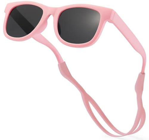 LOJUDI Lunettes de soleil pour bébé de 0 à 24 mois - Polarisées avec bande en silicone flexible et réglable - Cadre en silicone pour lunettes de soleil bébé de 0 à 2 ans - Protection UV, Rose/noir