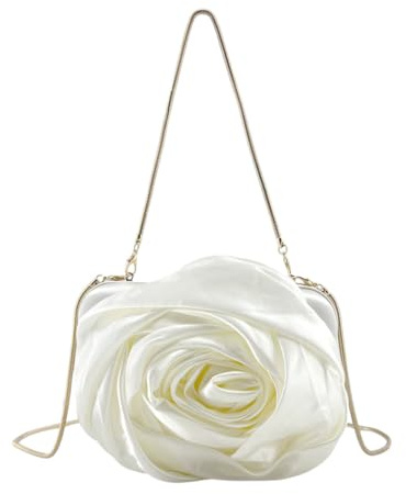 MODELISA - Bolso Clutch De Noche Satén Con Diseño De Rosa Flor Cadena De Hombro Y Mano Fiesta Boda Evento Mujer (Blanco)