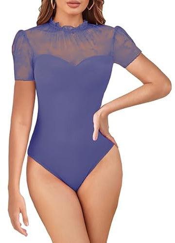 MAYFASEY Spetsbody damer spetsbody sexig kortärmad långärmad spets mesh bodysuits mock urringning eleganta transparenta toppar, B-ljusblå, L