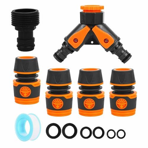 Garden Hose Pipe Connector and Fittings Set, Outside Tap to Hosepipe Adapter 3/4'' and 1/2'' 2 in 1, Garden Tap Splitter Garden Hose Pipe Splitter 2 Way