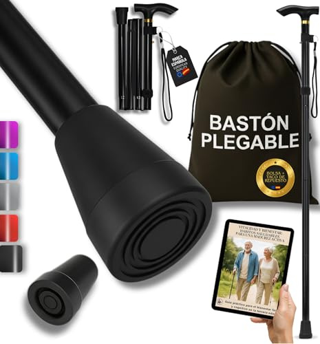 Super Pack Bastón Plegable + Bolsa Transporte + Taco Antideslizante Repuesto | Bastones para Mayores Ajustables en Altura | Aluminio Ultraligero | Evita Caídas y Camina con Seguridad (Negro)