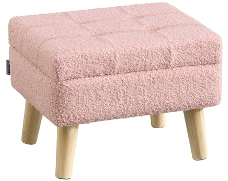 SONGMICS Storage Ottoman, Foot Stool, Ottoman with Padded Seat, Foot Rest with Wood Legs, Small Table, for Hallway, Living Room, 11.8 x 15.7 x 11.4 Inches, Teddy Fleece, Jelly Pink ULOM518SA01