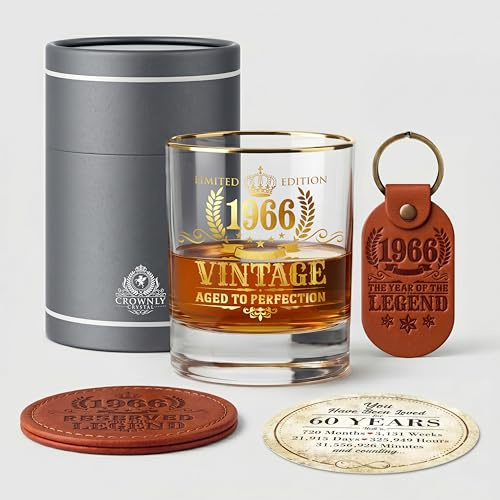 CROWNLY CRYSTAL Bicchiere Whisky 1966 Regalo Uomo 60 Anni Compleanno Idee Regalo Originali Papà Marito Calice Vintage Degustazione Rum Amaro Gadget Festa 60esimo Anniversario Decorazioni Natale