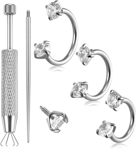 Josojoou 18G Horseshoe Nose Ring 6mm 7mm 8mm Titanium Double Gem Horse Shoe Nose Ring Hoop Flat Back Helix Cartilage Lip Piercing Jewelry with Internal Threaded Piercing Taper and Grabber Tool