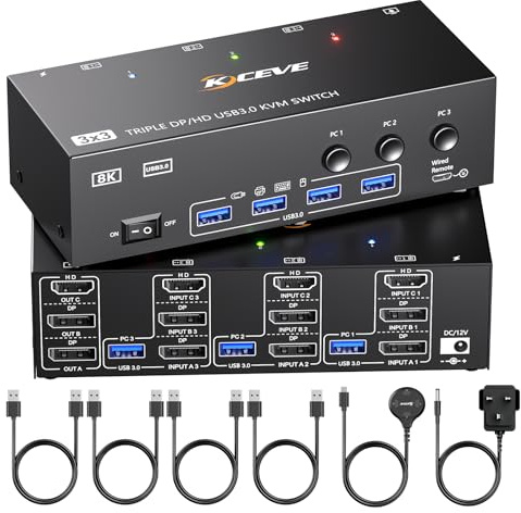KVM Switch 3 Monitors 3 Computers 8K@60Hz 4K@144Hz, HDMI+2 Displayport KVM Switch Triple Monitor for 3 PC Share 3 Monitor and 4 USB3.0 Devices,Wired Remote and USB Cables Included