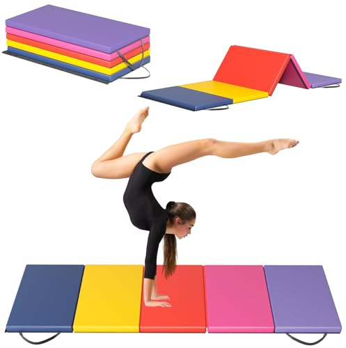 BLKMTY Gymnastics Mats - 2'x6' Folding Exercise & Yoga Mat with Carrying Handles for Kids' Tumbling & Home Gym, Easy to Clean, PU Leather Tumbling Mats, Colorful