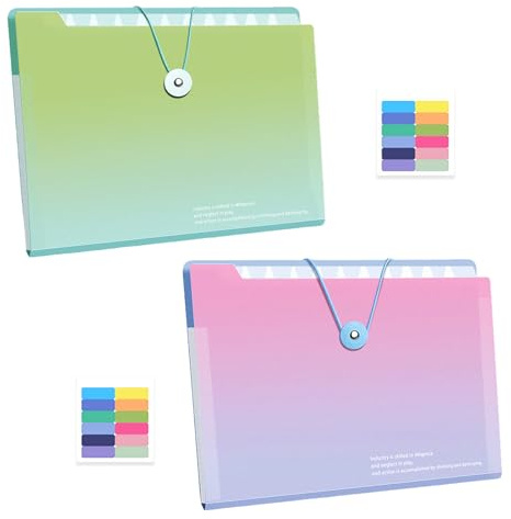 XIAOGUA 2 Stück Mappe mit Fächern mit 12 Fächern Fächermappe A4 Farbigen Etiketten Ordnungsmappe A4 Wasserdicht Dokumentenmappe Postmappe Organizer Mappe für Büros Schulen Haushalte (Grün, Rosa)
