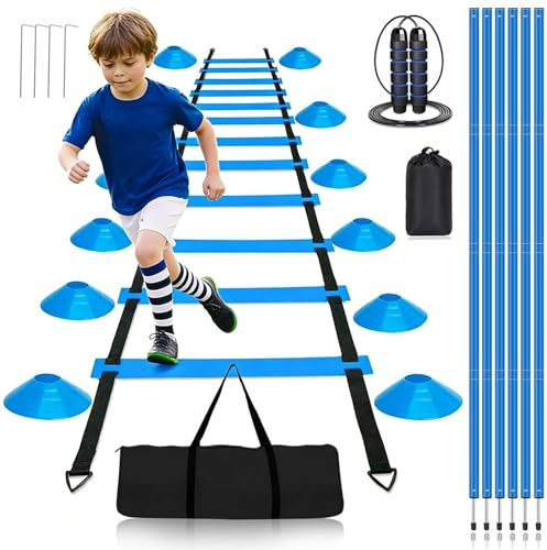 Slalomstänger, fotboll, träningstillbehör, fotbollsträningsset med 6 slalom poler, koordinationsstege 6 m, 12 hattar, hopprep och fallskärm, fotbollsträningsset för koordinationsträning