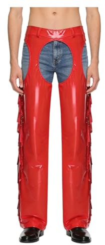 JanJean Men's Glossy Wide Leg Chaps Hollow-Out Crotch Thighs Shiny Tassel Side Seams Clubwear Red L