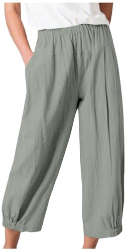 HUALONG Pantalon Court en Lin avec Poches pour Femmes, Couleur Unie, décontracté, Longueur Cheville, asymétrique Pantalon Femme Chic et Elegant