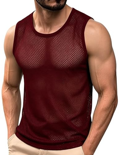 String Vests for Men UK Breathable Fishnet Top Summer Mesh Tank Tops Quick Dry Net Vest Casual Sleeveless Muscle fit T Shirt Solid Round Neck Fitness Sportshirt