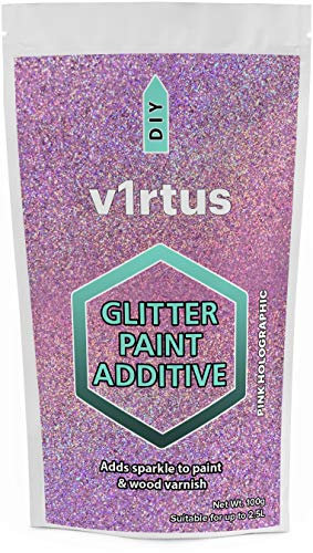 v1rtus Glitter Paint Additive - Pink Holographic | 100g Metallic Flakes for Adding Sparkle to Paints & Wood Varnish | Add to Emulsion, Acrylic & Latex for Indoor Sparkly Walls
