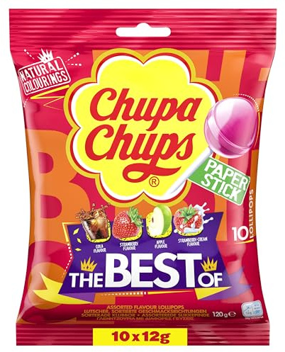 Chupa Chups Best of Sucette Recharge 10 sucettes 4 saveurs 10 x 12 g | Cola, Fraise, Pomme, Crème fraise, Convient pour un anniversaire