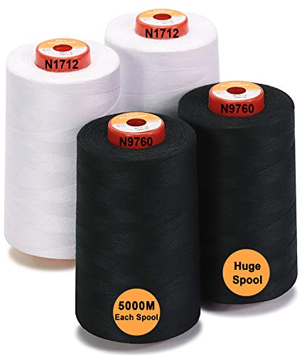 New brothread - 28 Optionen - 4 Große Konen 5000M Allzweck Polyester Nähgarn 40S/2 (Tex27) zum Nähen, Quilten, Patchwork, Serger und Overlock - 2 White + 2 Black