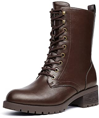 DREAM PAIRS Women's Mid Calf Combat Boots | TPR non-slip outsole, 2 heel, lace-up metal eyelet, side zip, hiking/camping/daily