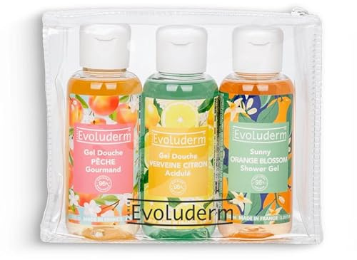 EVOLUDERM – Trousse Gels Douche – Gel Douche Pêche 100 ml + Citron Acidulé 100 ml + Fleur D’Oranger 100ml – 96% d’Ingrédients d’Origine Naturelle - Végan - Fabrication Française