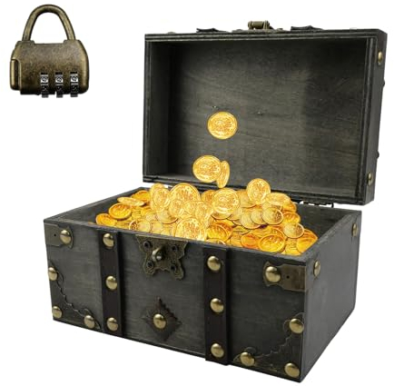 MytaYt Scatola in Legno Vintage Forziere Pirati Forziere del Tesoro dei Bambini Scatola con Lucchetto da Combinazione Piccolo Baule Legno con Coperchio per Conservare e Decorare, 18x11x10cm