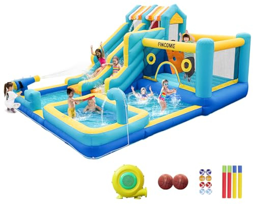 FINCOME Inflatable Bounce House, 10 in 1 Double Water Slide Bounce House with 750W Blower, Climbing Wall, Jumping, Water Gun, Splash Pool, Basketball Hoop for Kids Indoor Outdoor Backyard