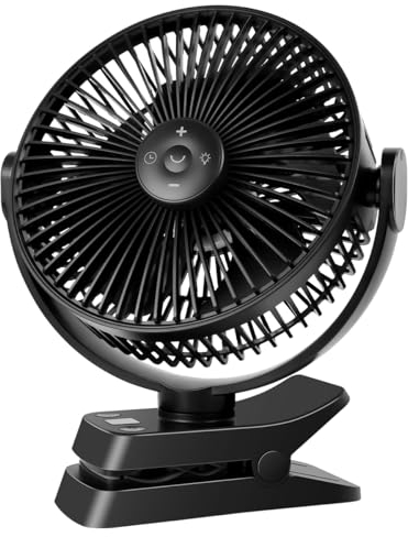 ELZO Tischventilatoren Camping Ventilator, 21cm/8.26 Zoll, 12000mAh Wiederaufladbarer USB Ventilator mit LED Licht & Haken, 360° Drehung Leise mit Fernbedienung, Clip Fan für Kinderwagen, Büro