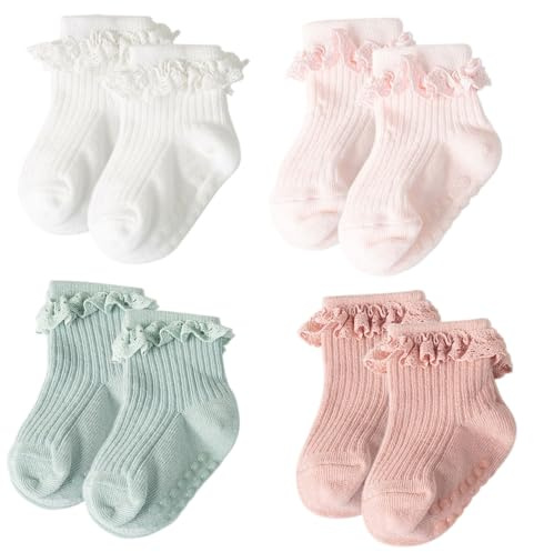 DRESHOW Calcetines de Encaje para Bebés Calcetines de Encaje Antideslizantes con Volantes para Recién Nacidos Calcetines para Niñas Calcetines de Vestir para el Tobillo
