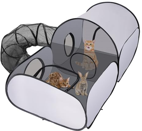 FuzzFables Parco pieghevole per gatti con tunnel, parchi multifunzionali con rete traspirante, tenda portatile per animali piccoli per interni ed esterni, recinti e gabbie per esterni L
