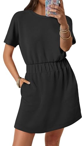 ANRABESS Womens Dresses 2026 Summer Casual Short Sleeve Crew Neck Elastic Waist Mini T Shirt Dress with Pockets Black Large