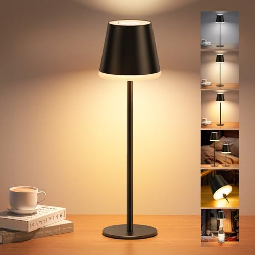 NIBSHOOM Lampada da Tavolo Senza Fili Dimmabile,5200mAh Lampada da Tavolo Ricaricabile con 3 Temperature del Colore,Altezza Regolabile e IP54 per Esterno,Camera da Letto,Sala da Pranzo
