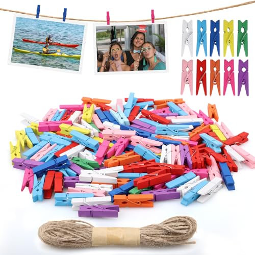 150 mollette in legno colorate da 3,5 cm con filo di iuta da 10 m, piccole mollette per appendere foto, cartoline, decorazioni fai da te per casa, matrimonio, compleanno