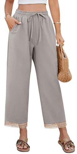 UMIPUBO Pantaloni Donna Estivi Leggeri Cotone Larghi 7/8 Pantalone Eleganti Elastica Vita Comodi Palazzo Pants Casual Comodi Pantaloni da Spiaggia con Tasche e Coulisse (Grigio, S)