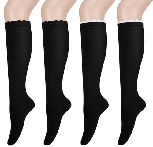 Beaulov 4 Paires Chaussettes Hautes Femme Longue Genoux Solide Décontractées Anti-Glisse Chaussettes
