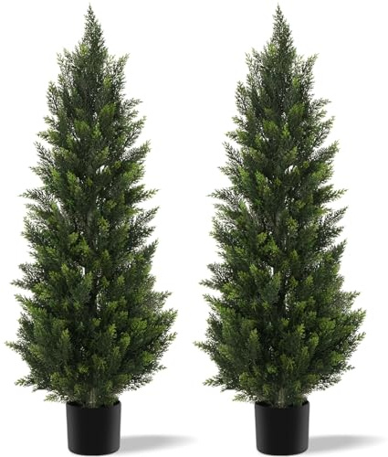 Vitalismo Artificial Topiary Cedar Trees 4ft, Realistic Fake Plants Indoor Outdoor with PE Leaves, Faux Boxwood Evergreen Pine Shrubs for Entrance Patio Garden Home Office Christmas Decor, Set of 2