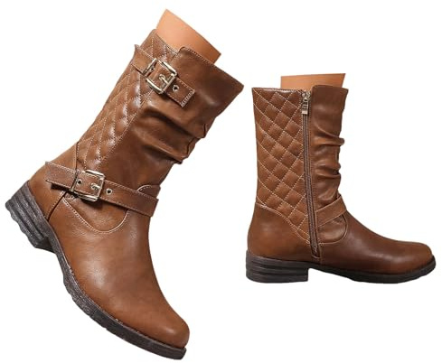Xbemkste Bottes pour femme - Demi-tige avec boucle - Élégantes - Tige courte - Bout rond - Bottes mi-hautes - Bottes pour femme - Automne et hiver, marron, 37.5 EU