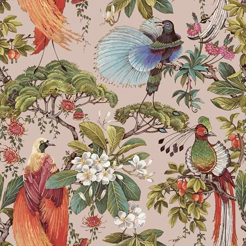 VEELIKE Dammig rosa fågeltapet, självhäftande chinoiserie, rosa blommig tapet för sovrum, badrum, tropisk väggmålning, fågelmönstrat väggpapper, kontaktpapper för skåp, väggar, 44,5 cm x 300 cm